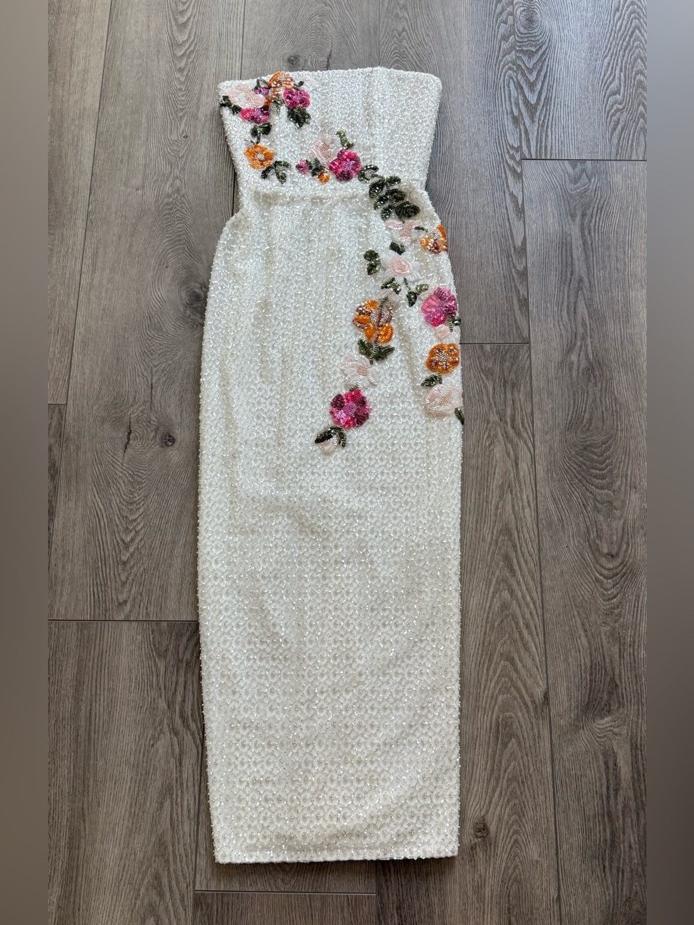 helsi silvia white sequin 3d floral applique strapless maxi gown dress size XS